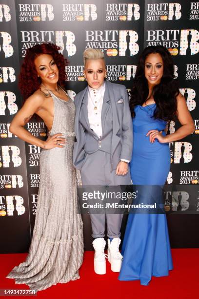 Stooshe attend The BRIT Awards 2013 at The O2, on February 20, 2013 in London, England. L-R Karis Anderson, Courtney Rumbold, Alexandra Buggs.
