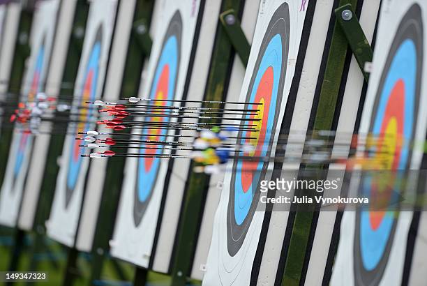 Arrows in a target during the Archery Ranking Round on the Opening Day of the London 2012 Olympic Games> at Lord's Cricket Ground on July 27, 2012 in...