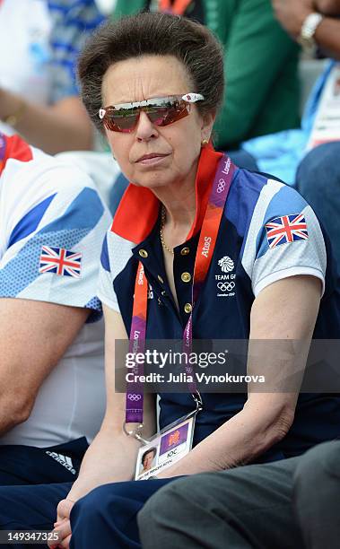 Princess Anne, Princess Royal watches on during the Archery Ranking Round on Olympics Opening Day as part of the London 2012 Olympic Games at the...