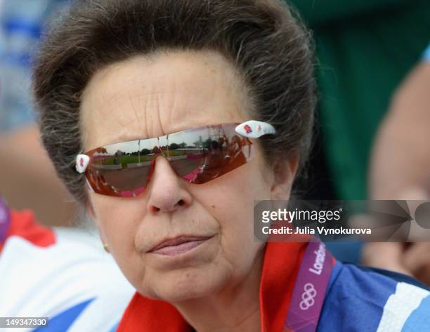 Princess Anne, Princess Royal watches on during the Archery Ranking Round on Olympics Opening Day as part of the London 2012 Olympic Games at the...