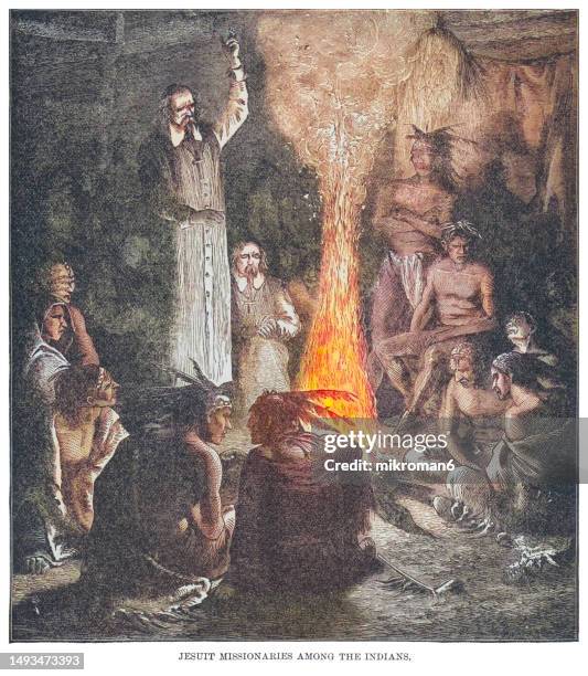 old engraved illustration of jesuit missionaries among the indians - missionary stock pictures, royalty-free photos & images