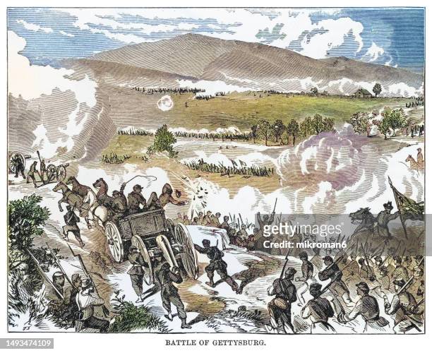 old engraving illustration of the battle of gettysburg, fought july 1–3, 1863, in and around the town of gettysburg, pennsylvania, by union and confederate forces during the american civil war - civil war dead stockfoto's en -beelden