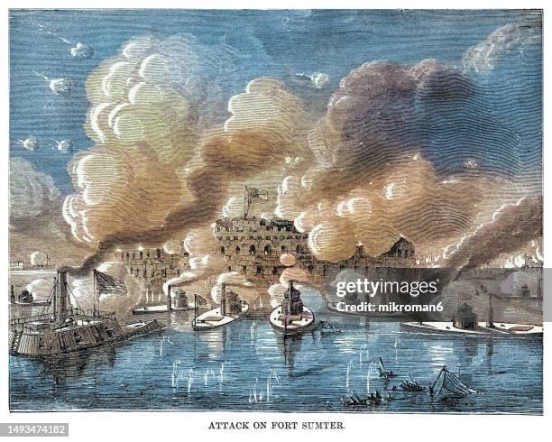 old engraving illustration of attack on fort sumter, sea fort in charleston, south carolina - civil war stock pictures, royalty-free photos & images