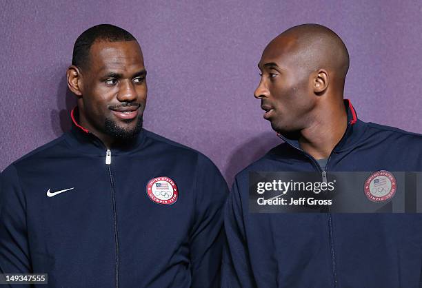 LeBron James and Kobe Bryant look on during a basketball press conference ahead of the London 2012 Olympics on July 27, 2012 in London, England.