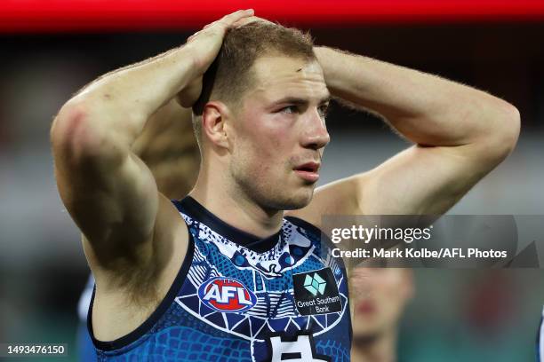 Harry McKay of the Blues looks dejected after defeat during the round 11 AFL match between Sydney Swans and Carlton Blues at Sydney Cricket Ground,...