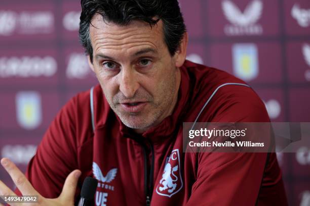 Unai Emery head coach of Aston Villaspeaks during a press conference at Bodymoor Heath training ground on May 26, 2023 in Birmingham, England.