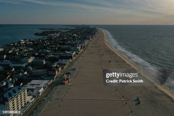 In an aerial view, the Ocean City inlet and Ocean City boardwalk is seen on May 26, 2023 in Ocean City, Maryland. Memorial Day Weekend marks the...
