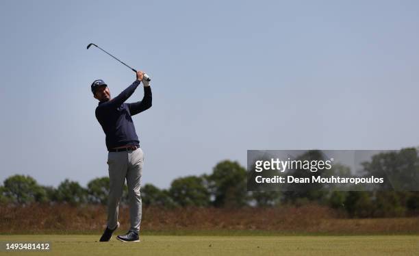 Jorge Campillo of Spain plays his second shot on the second hole during Day Two of the KLM Open at Bernardus Golf on May 26, 2023 in Netherlands.