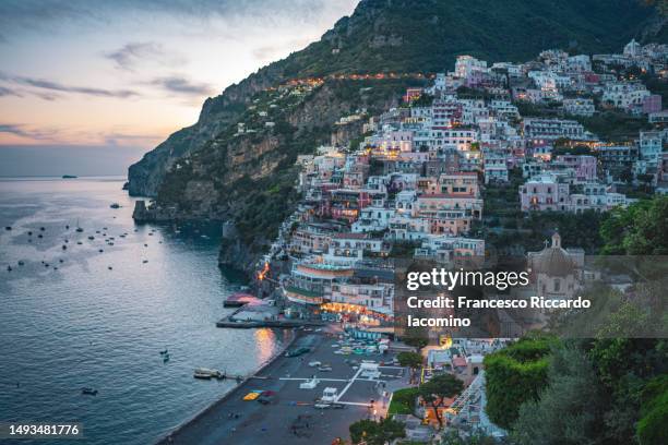 positano, amalfi coast, campania, sorrento, italy. - naples italy church stock pictures, royalty-free photos & images