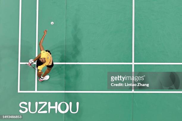 Pusarla V. Sindhu of India competes in the Women's Singles Round Robin match against Tai Tzu Ying of Chinese Taipei on day one of Sudirman Cup 2023...
