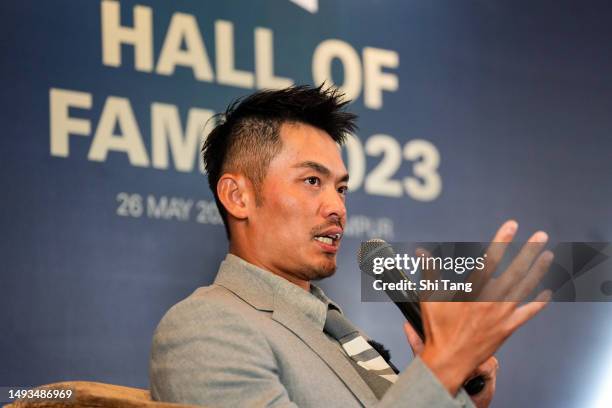 Lin Dan of China speaks to the media during the press conference during the BWF Hall of Fame for 2023 at Kuala Lumpur Convention Centre on May 26,...