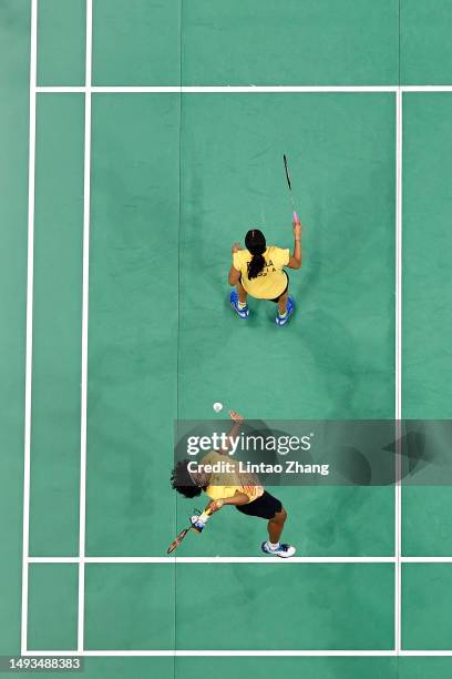 Treesa Jolly and Gayatri Gopichand Pullela of India compete in the Women's Doubles Round Robin match against Lee Chia Hsin and Teng Chun Hsun of...