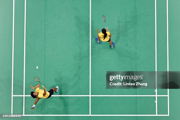 Treesa Jolly and Gayatri Gopichand Pullela of India compete in the Women's Doubles Round Robin match against Lee Chia Hsin and Teng Chun Hsun of...