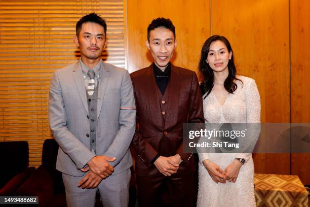 Lin Dan of China, Lee Chongwei and his wife Wong Mew Choo of Malaysia pose for photographs during the BWF Hall of Fame for 2023 at Kuala Lumpur...