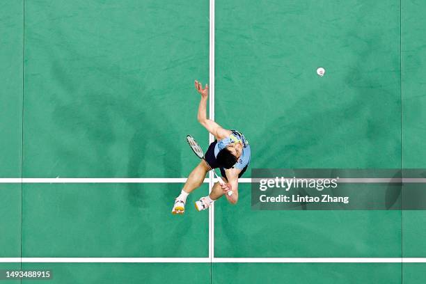 Chou Tien Chen of Chinese Taipei compete in the Men's Singles Round Robin match against Prannoy H. S. Of India during day one of the Sudirman Cup at...