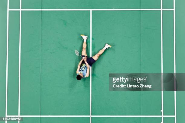 Chou Tien Chen of Chinese Taipei compete in the Men's Singles Round Robin match against Prannoy H. S. Of India during day one of the Sudirman Cup at...