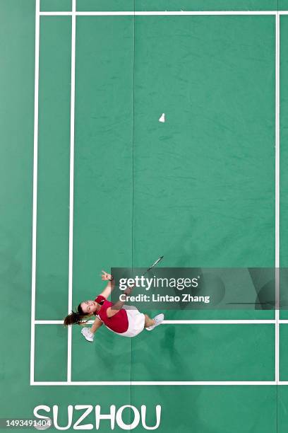 Lisa Curtin of England competes in the Women's Singles Round Robin match against Saena Kawakami of Japan during day one of the Sudirman Cup 2023 at...