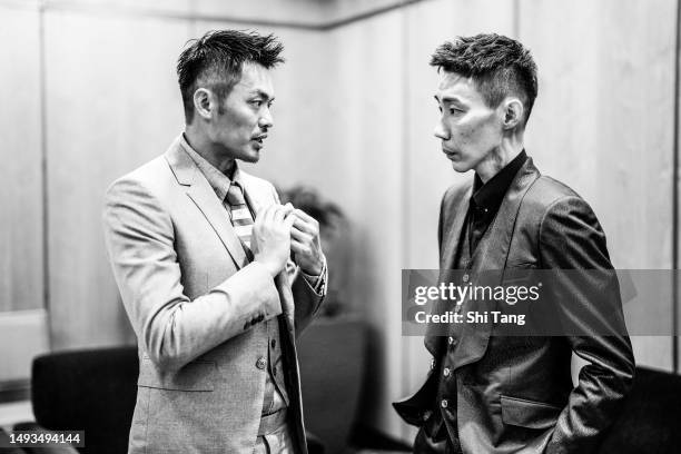 Lee Chongwei of Malaysia and Lin Dan of China talk during the BWF Hall of Fame for 2023 at Kuala Lumpur Convention Centre on May 26, 2023 in Kuala...