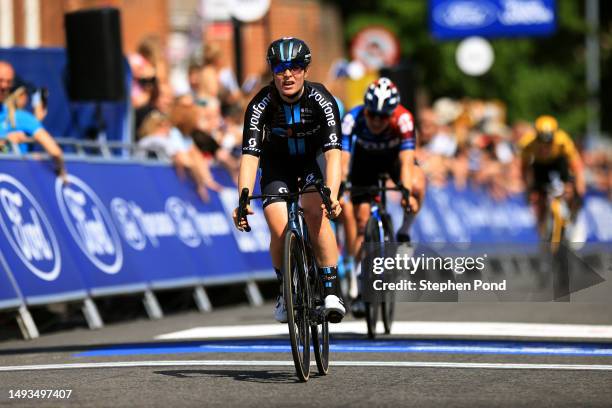 Charlotte Kool of The Netherlands and Team DSM celebrates at finish line as stage winner during the 6th RideLondon Classique 2023, Stage 1 a 146.4km...