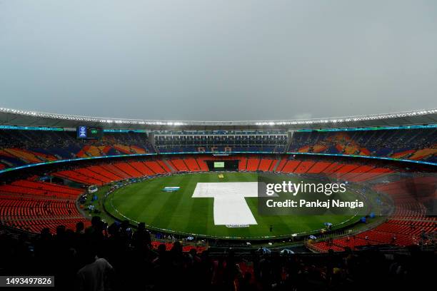 General view of the inside of the stadium as play is delayed to Rain prior to the IPL Qualifier match between Gujarat Titans and Mumbai Indians at...