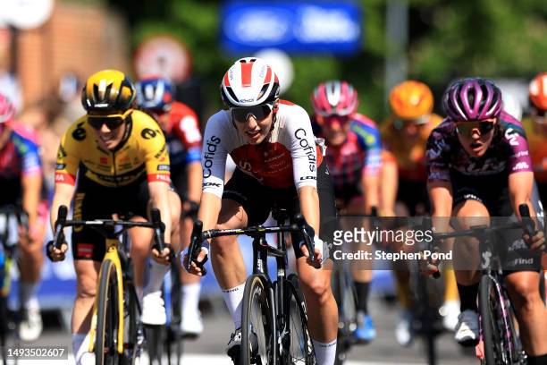 Valentine Fortin of France and Cofidis Women Team crosses the finish line during the 6th RideLondon Classique 2023, Stage 1 a 146.4km from Saffron...