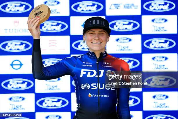 Clara Copponi of France and Team FDJ - SUEZ celebrates at podium as second place stage winner during the 6th RideLondon Classique 2023, Stage 1 a...