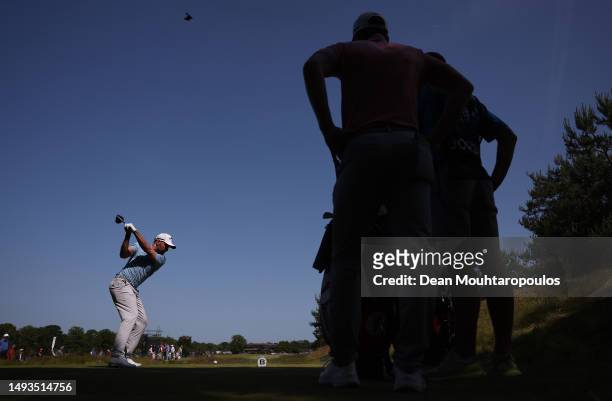 Maximilian Kieffer of Germany tees off on the 18th hole during Day Two of the KLM Open at Bernardus Golf on May 26, 2023 in Netherlands.