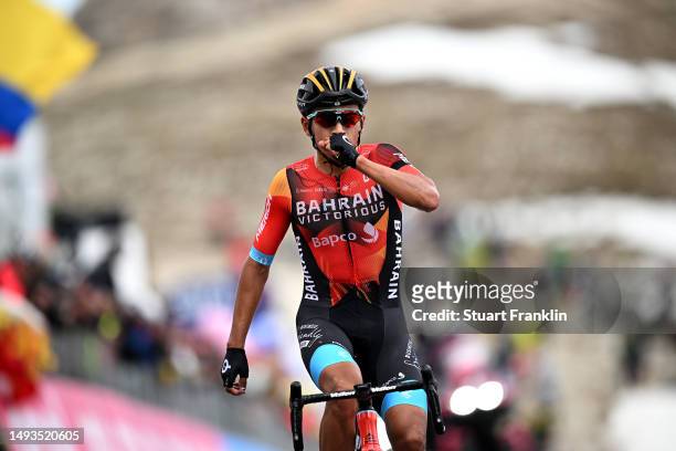 Santiago Buitrago of Colombia and Team Bahrain - Victorious celebrates at finish line as stage winner during the 106th Giro d'Italia 2023, Stage 19 a...