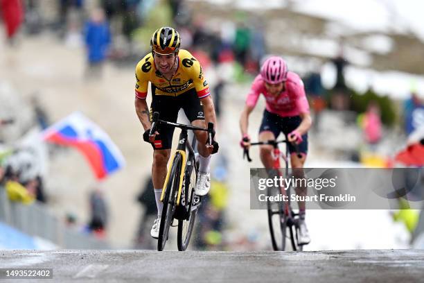 Primoz Roglič of Slovenia and Team Jumbo-Visma and Geraint Thomas of The United Kingdom and Team INEOS Grenadiers - Pink Leader Jersey spduring the...