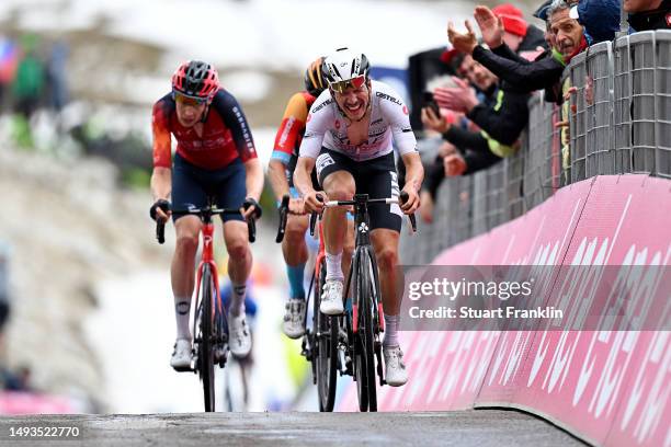 João Almeida of Portugal and UAE Team Emirates - White Best Young Rider Jersey crosses the finish line during the 106th Giro d'Italia 2023, Stage 19...