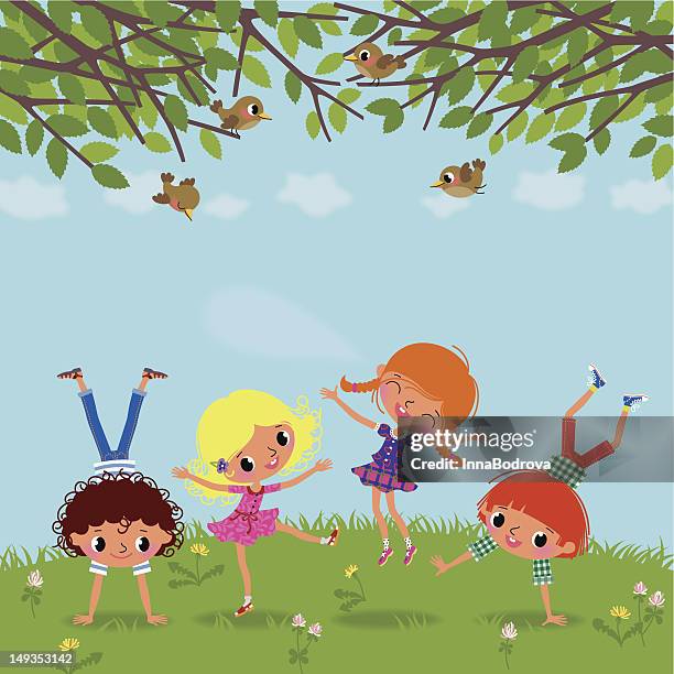 stockillustraties, clipart, cartoons en iconen met playing children. - kind veld spelen