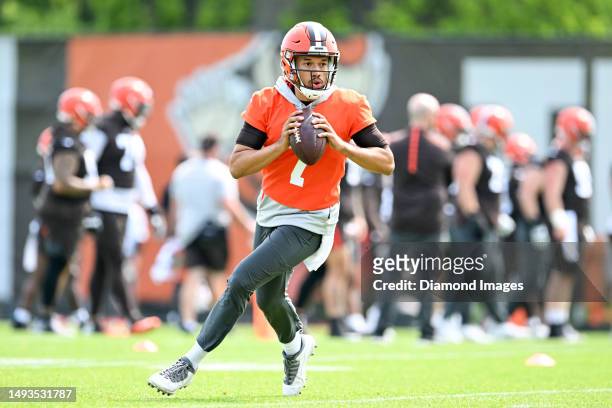 Kellen Mond of the Cleveland Browns runs a drill during the Cleveland Browns OTAs at CrossCountry Mortgage Campus on May 24, 2023 in Berea, Ohio.