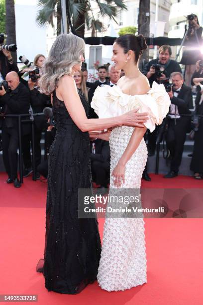 Andie MacDowell and Anushka Sharma attend the "The Old Oak" red carpet during the 76th annual Cannes film festival at Palais des Festivals on May 26,...
