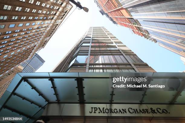 The JPMorgan Chase headquarters building is seen on May 26, 2023 in New York City. JPMorgan Chase chief executive Jamie Dimon is set to be deposed...