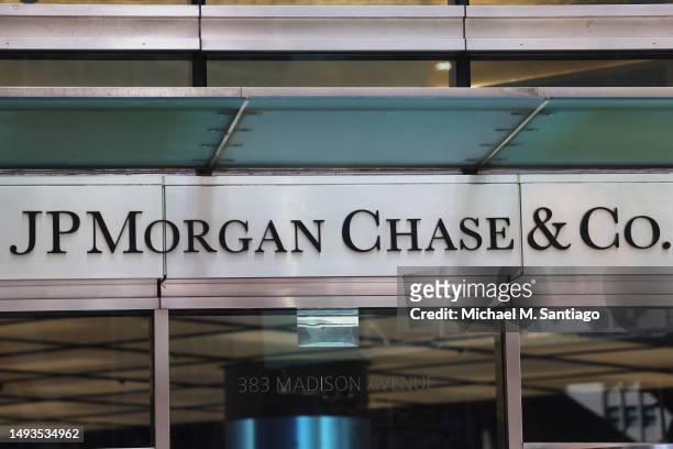 The JPMorgan Chase logo is seen at their headquarters building on May 26, 2023 in New York City. JPMorgan Chase chief executive Jamie Dimon is set to...