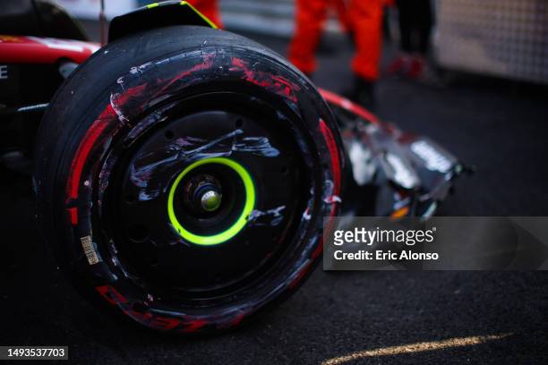 Details of the Pirelli tyres after the crash of Carlos Sainz of Spain and Scuderia Ferrari during practice ahead of the F1 Grand Prix of Monaco at...