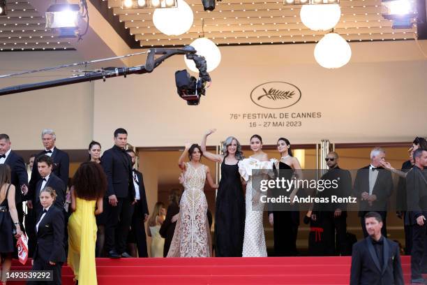 Eva Longoria, Andie MacDowell, Anushka Sharma and Renata Notni attend the "The Old Oak" red carpet during the 76th annual Cannes film festival at...