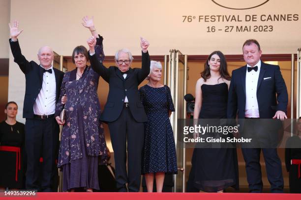 Paul Laverty, Rebecca O'Brien, Director Ken Loach, Lesley Ashton, Ebla Mari and Dave Turner attend the "The Old Oak" red carpet during the 76th...