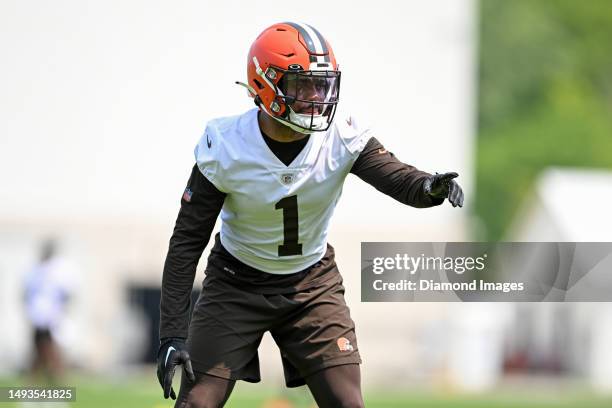 Juan Thornhill of the Cleveland Browns runs a drill during the Cleveland Browns OTAs at CrossCountry Mortgage Campus on May 24, 2023 in Berea, Ohio.