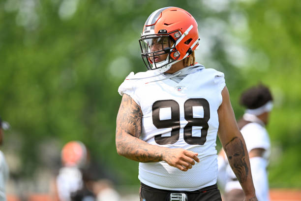Trysten Hill of the Cleveland Browns runs a drill during the Cleveland Browns OTAs at CrossCountry Mortgage Campus on May 24, 2023 in Berea, Ohio.