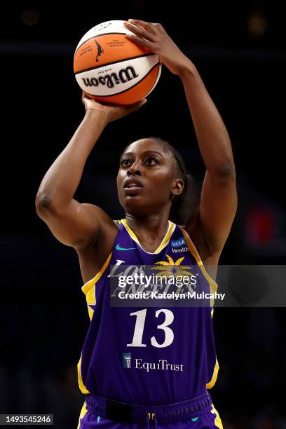 Chiney Ogwumike of the Los Angeles Sparks shoots a free throw during the fourth quarter against the Las Vegas Aces at Crypto.com Arena on May 25,...