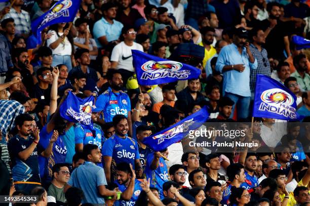 General view of fans of Mumbai Indians during the IPL Qualifier match between Gujarat Titans and Mumbai Indians at Narendra Modi Stadium on May 26,...