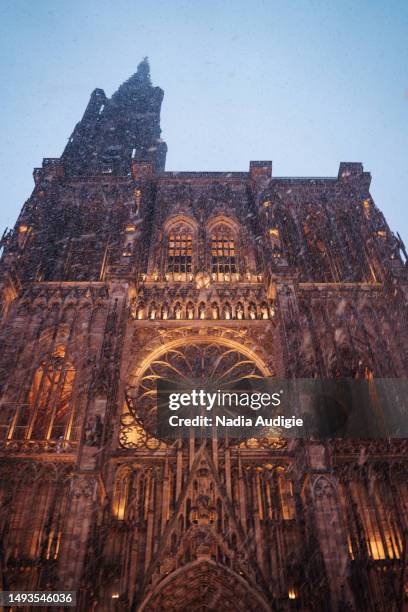 strasbourg cathedral under falling snow - christian audigie stock pictures, royalty-free photos & images