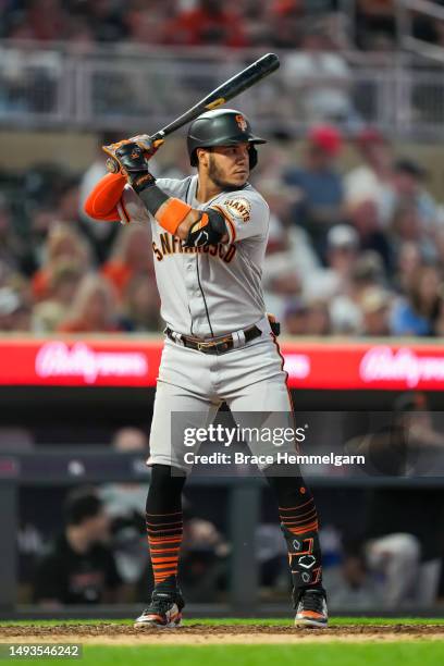 Thairo Estrada of the San Francisco Giants bats against the Minnesota Twins on May 23, 2023 at Target Field in Minneapolis, Minnesota.