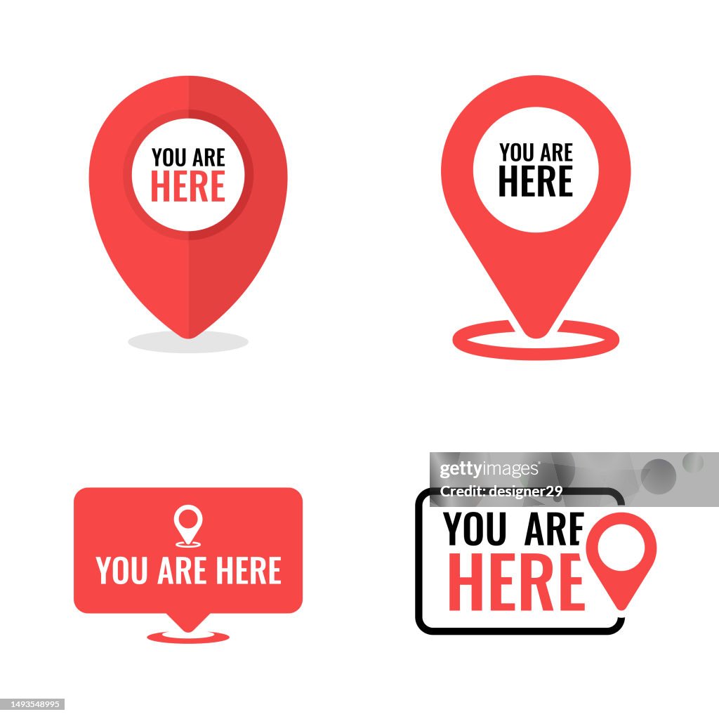 You Are Here Location Pin Icon Set Vector Design on White Background.