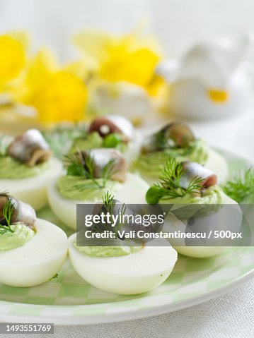 Deviled eggs with anchovy for Easter,Selective focus Deviled eggs with anchovy for Easter,Selective focus