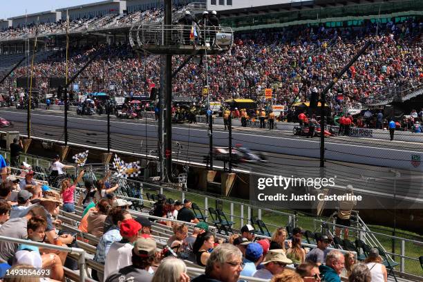 General view of fans watching practice during Carb Day for the 107th Indianapolis 500 at Indianapolis Motor Speedway on May 26, 2023 in Indianapolis,...