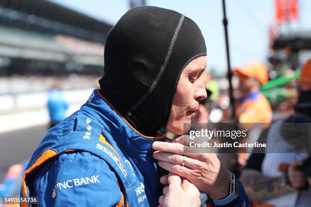 Scott Dixon, driver of the PNC Bank Chip Ganassi Racing Honda, prepares for practice during Carb Day for the 107th Indianapolis 500 at Indianapolis...