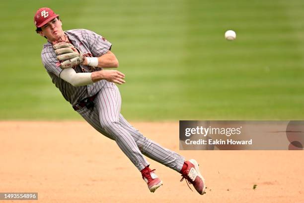 Sam McNulty of the Boston College Eagles throws to first base for an out against the Clemson Tigers in the seventh inning during the ACC Baseball...