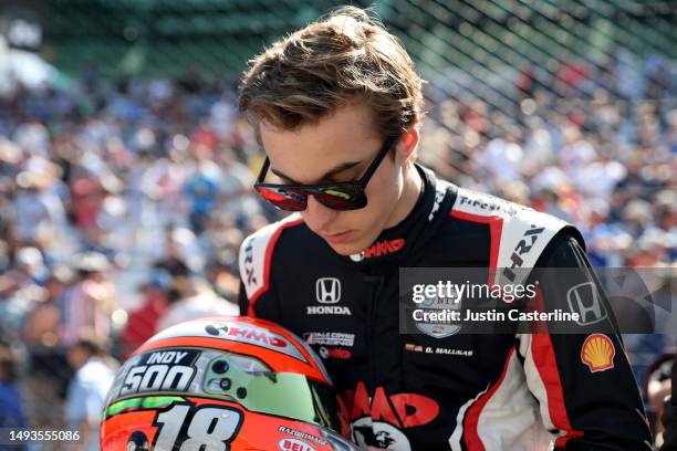 David Malukas, driver of the HMD Trucking Honda, prepares for practice during Carb Day for the 107th Indianapolis 500 at Indianapolis Motor Speedway...